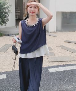 Summer Age-Reducing Color-Blocking Spliced Vest and Wide-Leg Pants Two-Piece Set - Elegant OOTD for Effortless Style