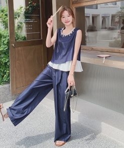 Summer Age-Reducing Color-Blocking Spliced Vest and Wide-Leg Pants Two-Piece Set - Elegant OOTD for Effortless Style
