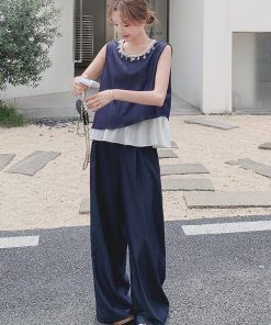 Summer Age-Reducing Color-Blocking Spliced Vest and Wide-Leg Pants Two-Piece Set - Elegant OOTD for Effortless Style