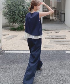 Summer Age-Reducing Color-Blocking Spliced Vest and Wide-Leg Pants Two-Piece Set - Elegant OOTD for Effortless Style