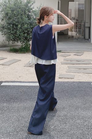 Summer Age-Reducing Color-Blocking Spliced Vest and Wide-Leg Pants Two-Piece Set - Elegant OOTD for Effortless Style