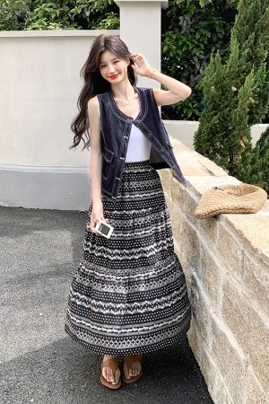 Summer Age-Reducing Sleeveless Denim Vest and Skirt Two-Piece Set - Elegant May Day OOTD for Y2K and Casual Chic Styles