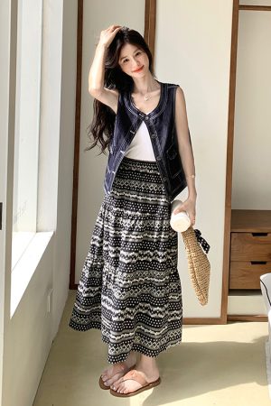 Summer Age-Reducing Sleeveless Denim Vest and Skirt Two-Piece Set - Elegant May Day OOTD for Y2K and Casual Chic Styles
