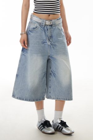 Summer American Vintage Lightning Pattern Wide-Leg Denim Shorts for Women - Loose Fit, Distressed, Three-Quarter Length, Y2K Style