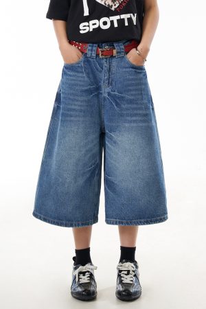 Summer American Vintage Lightning Pattern Wide-Leg Denim Shorts for Women - Loose Fit, Distressed, Three-Quarter Length, Y2K Style