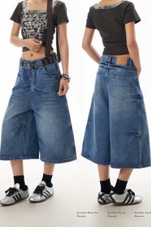 Summer American Vintage Lightning Pattern Wide-Leg Denim Shorts for Women - Loose Fit, Distressed, Three-Quarter Length, Y2K Style
