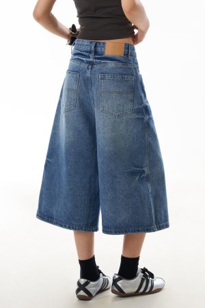 Summer American Vintage Lightning Pattern Wide-Leg Denim Shorts for Women - Loose Fit, Distressed, Three-Quarter Length, Y2K Style