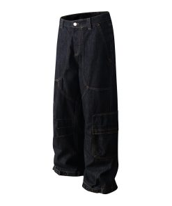 Summer American Vintage Multi-Pocket Baggy Work Pants - Stiff A-Line Jeans for 90s and Y2K Style