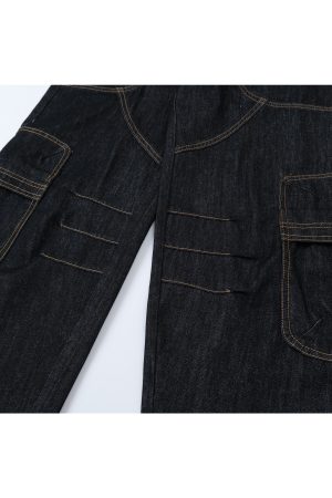 Summer American Vintage Multi-Pocket Baggy Work Pants - Stiff A-Line Jeans for 90s and Y2K Style