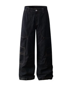 Summer American Vintage Multi-Pocket Baggy Work Pants - Stiff A-Line Jeans for 90s and Y2K Style