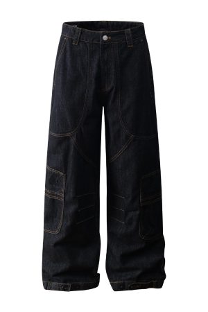 Summer American Vintage Multi-Pocket Baggy Work Pants - Stiff A-Line Jeans for 90s and Y2K Style