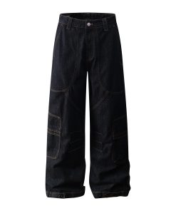 Summer American Vintage Multi-Pocket Baggy Work Pants - Stiff A-Line Jeans for 90s and Y2K Style