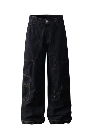 Summer American Vintage Multi-Pocket Baggy Work Pants - Stiff A-Line Jeans for 90s and Y2K Style