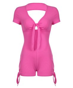 Summer Backless Drawstring Sports Romper with Ruffles - Sexy European American Style Jumpsuit for 2025 Y2K Fashion