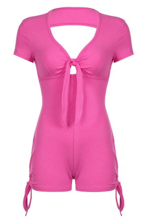 Summer Backless Drawstring Sports Romper with Ruffles - Sexy European American Style Jumpsuit for 2025 Y2K Fashion