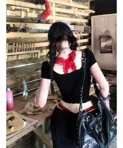 Summer Backless Lace T-Shirt for Women - Irregular Short Sleeve Fake Two-Piece Top, Sexy Design, Trendy Korean Style