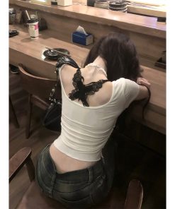 Summer Backless Lace T-Shirt for Women - Irregular Short Sleeve Fake Two-Piece Top, Sexy Design, Trendy Korean Style