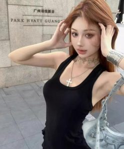 Summer Black Sleeveless Tank Dress for Women - American Style Slim-Fit Bodycon with Waist-Cinching Short Skirt