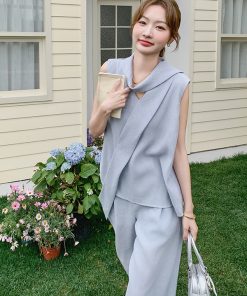 Summer Blue Sleeveless Vest and Wide-Leg Pants Two-Piece Set - Elegant Age-Reducing May Day OOTD Outfit
