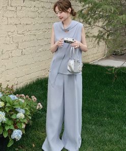 Summer Blue Sleeveless Vest and Wide-Leg Pants Two-Piece Set - Elegant Age-Reducing May Day OOTD Outfit