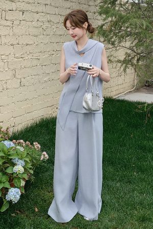 Summer Blue Sleeveless Vest and Wide-Leg Pants Two-Piece Set - Elegant Age-Reducing May Day OOTD Outfit