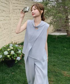 Summer Blue Sleeveless Vest and Wide-Leg Pants Two-Piece Set - Elegant Age-Reducing May Day OOTD Outfit