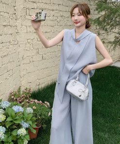 Summer Blue Sleeveless Vest and Wide-Leg Pants Two-Piece Set - Elegant Age-Reducing May Day OOTD Outfit