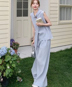 Summer Blue Sleeveless Vest and Wide-Leg Pants Two-Piece Set - Elegant Age-Reducing May Day OOTD Outfit
