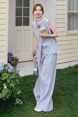 Summer Blue Sleeveless Vest and Wide-Leg Pants Two-Piece Set - Elegant Age-Reducing May Day OOTD Outfit