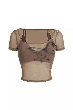 Summer Butterfly Print Camisole Mesh Short Sleeve T-Shirt Women's Two-Piece Set - Trendy Niche Style for 90s and Y2K Fashion