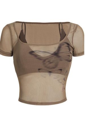 Summer Butterfly Print Camisole Mesh Short Sleeve T-Shirt Women's Two-Piece Set - Trendy Niche Style for 90s and Y2K Fashion