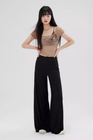 Summer Butterfly Print Camisole Mesh Short Sleeve T-Shirt Women's Two-Piece Set - Trendy Niche Style for 90s and Y2K Fashion