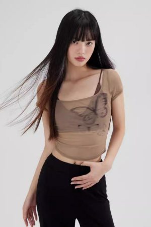 Summer Butterfly Print Camisole Mesh Short Sleeve T-Shirt Women's Two-Piece Set - Trendy Niche Style for 90s and Y2K Fashion