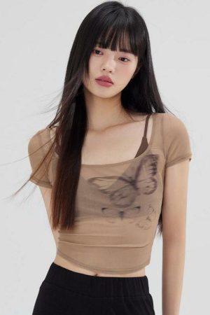 Summer Butterfly Print Camisole Mesh Short Sleeve T-Shirt Women's Two-Piece Set - Trendy Niche Style for 90s and Y2K Fashion