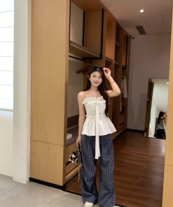 Summer Casual Blue Plaid Wide-Leg Pants - Loose Draped 90s Style Straight-Leg Trousers for Effortless Fashion