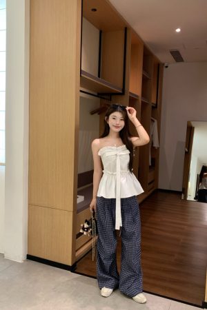 Summer Casual Blue Plaid Wide-Leg Pants - Loose Draped 90s Style Straight-Leg Trousers for Effortless Fashion