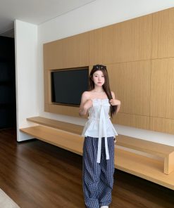 Summer Casual Blue Plaid Wide-Leg Pants - Loose Draped 90s Style Straight-Leg Trousers for Effortless Fashion