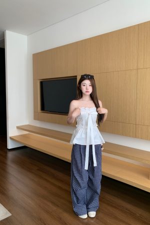 Summer Casual Blue Plaid Wide-Leg Pants - Loose Draped 90s Style Straight-Leg Trousers for Effortless Fashion