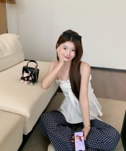 Summer Casual Blue Plaid Wide-Leg Pants - Loose Draped 90s Style Straight-Leg Trousers for Effortless Fashion