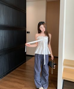 Summer Casual Blue Plaid Wide-Leg Pants - Loose Draped 90s Style Straight-Leg Trousers for Effortless Fashion