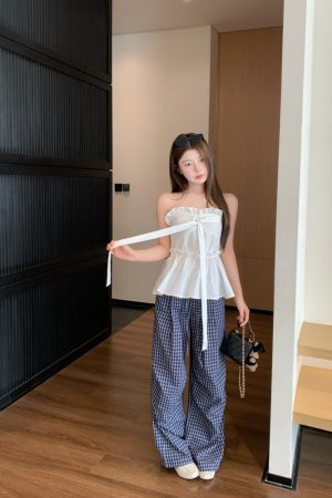 Summer Casual Blue Plaid Wide-Leg Pants - Loose Draped 90s Style Straight-Leg Trousers for Effortless Fashion