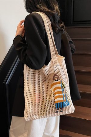 Summer Color-Block Handmade Knitted Tote Bag for Women - 2025 Beach Vacation Woven Shoulder Bag with Hollow Out Design