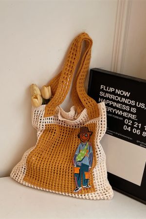 Summer Color-Block Handmade Knitted Tote Bag for Women - 2025 Beach Vacation Woven Shoulder Bag with Hollow Out Design