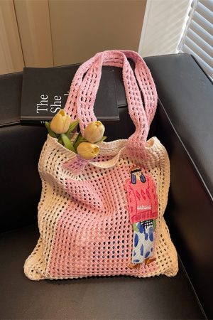 Summer Color-Block Handmade Knitted Tote Bag for Women - 2025 Beach Vacation Woven Shoulder Bag with Hollow Out Design