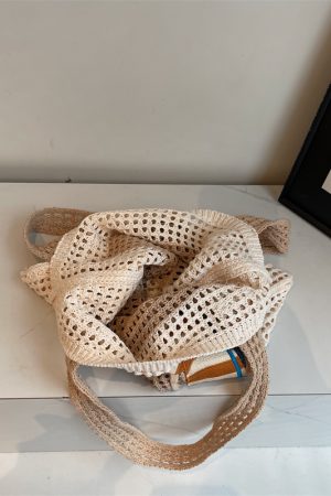 Summer Color-Block Handmade Knitted Tote Bag for Women - 2025 Beach Vacation Woven Shoulder Bag with Hollow Out Design