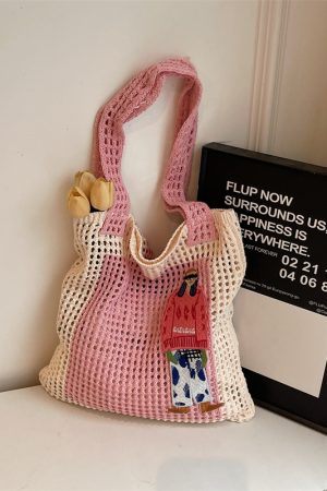 Summer Color-Block Handmade Knitted Tote Bag for Women - 2025 Beach Vacation Woven Shoulder Bag with Hollow Out Design