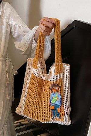 Summer Color-Block Handmade Knitted Tote Bag for Women - 2025 Beach Vacation Woven Shoulder Bag with Hollow Out Design