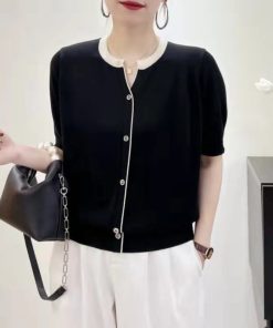 Summer Color-Blocked V-Neck Ice Silk Knitted Top - Elegant Loose Short Sleeve Shirt in Lightweight Lyocell