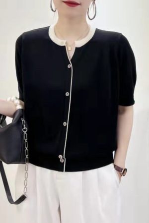 Summer Color-Blocked V-Neck Ice Silk Knitted Top - Elegant Loose Short Sleeve Shirt in Lightweight Lyocell