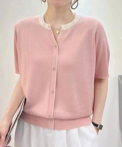 Summer Color-Blocked V-Neck Ice Silk Knitted Top - Elegant Loose Short Sleeve Shirt in Lightweight Lyocell